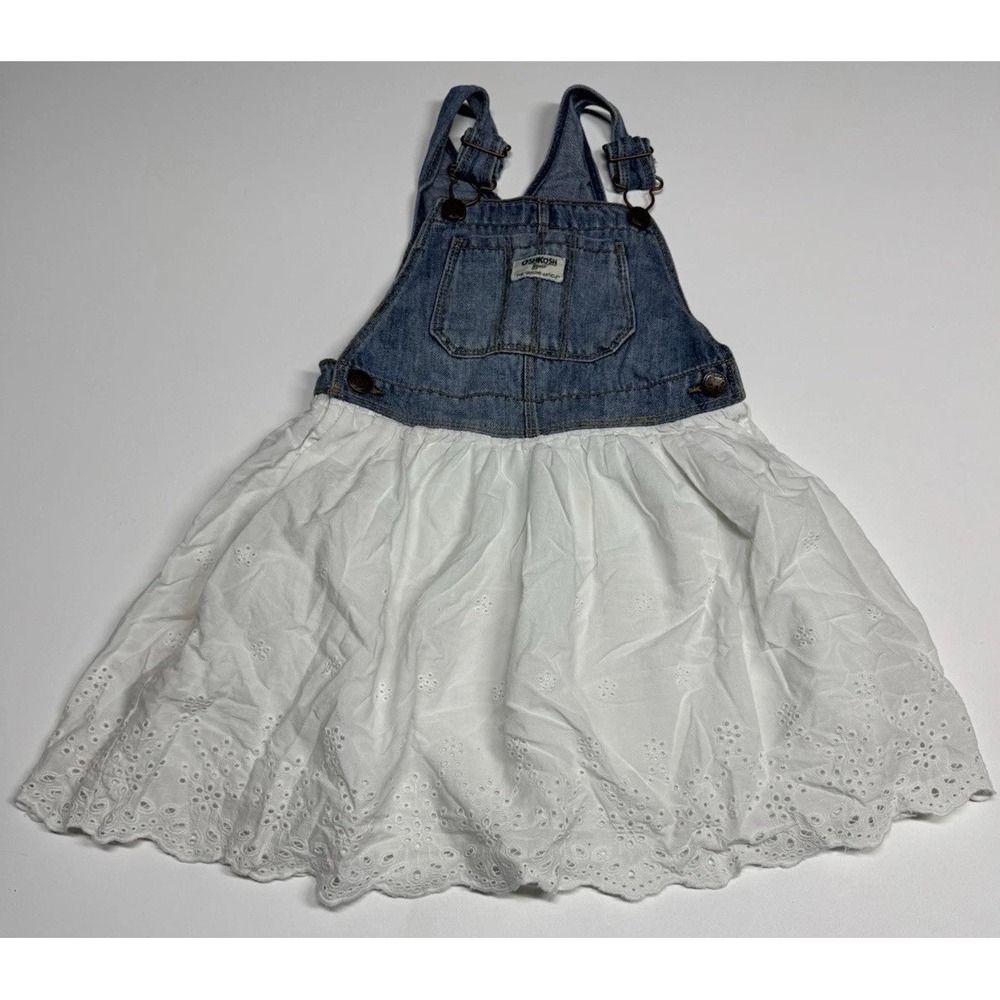 Osh Kosh B'Gosh‎ Size 5T Jumper Overall Dress Girls Denim White Eyelet Oshkosh
